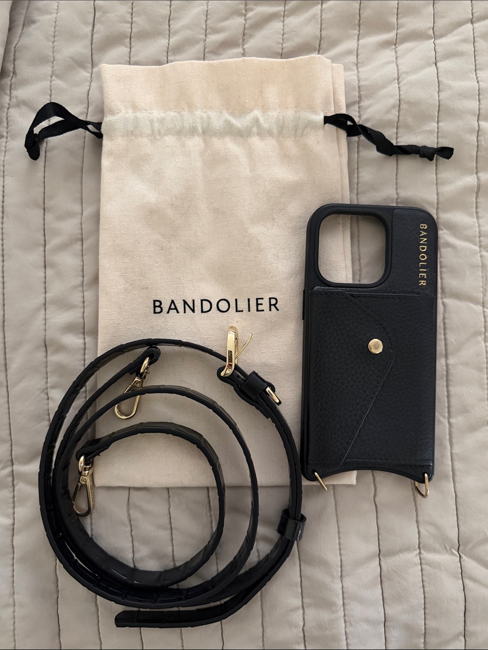 Bandolier Black Leather Crossbody Phone Case with Gold Hardware iPhone 16 Pro